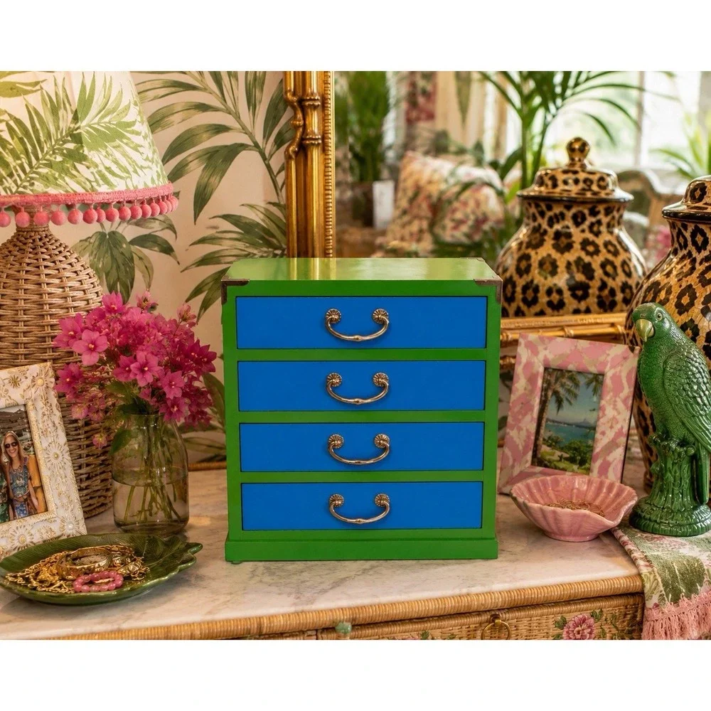 VTG Japan Wooden‎ Mini Jewelry Chest 4 Drawer Tabletop Dresser Blue Green Whimsy